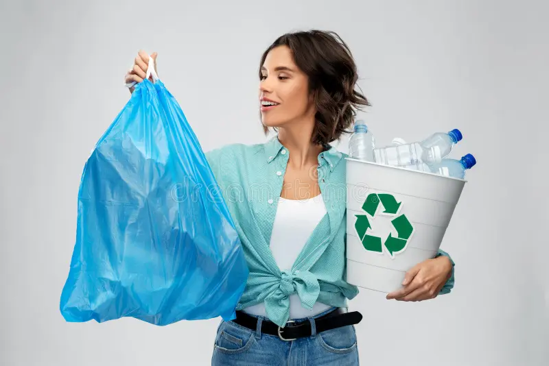 Mulher separando resíduos para reciclagem